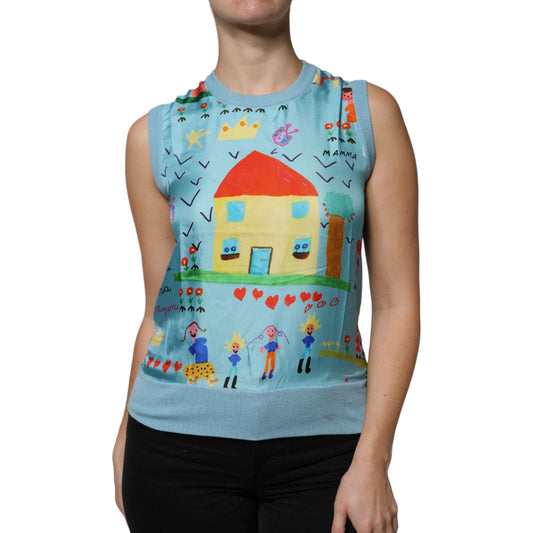 Dolce & Gabbana Dolce & Gabbana Blue Drawing Cashmere Sleeveless Tank Top TSH86791-38 1728,67345645728,Blue,Clothing,Dolce & Gabbana,IT38 | XS,Material: 70% Cashmere 30% Silk,Preowned / Defect,Tops & T-Shirts - Women - Clothing,Women,Women - Clothing