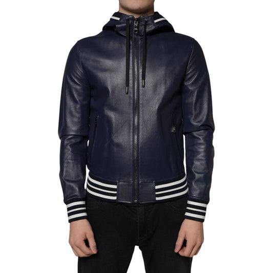 Dolce & Gabbana Dolce & Gabbana Blue Leather Full Zip Hooded Bomber Jacket JKT3902-46 1728,67345645728,Blue,Dolce & Gabbana,IT46 | S,Jackets - Men - Clothing,Material: 100% Lamb Leather,Men,Preowned / Defect