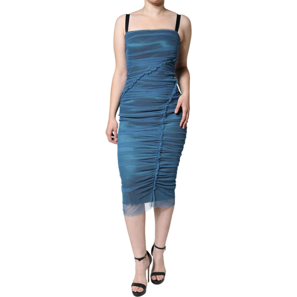 Dolce & Gabbana Blue Mesh Trim Ruched Tulle Sheath Dress DR281266-42