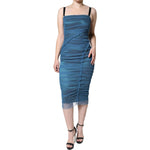 Dolce & Gabbana Blue Mesh Trim Ruched Tulle Sheath Dress DR281266-42