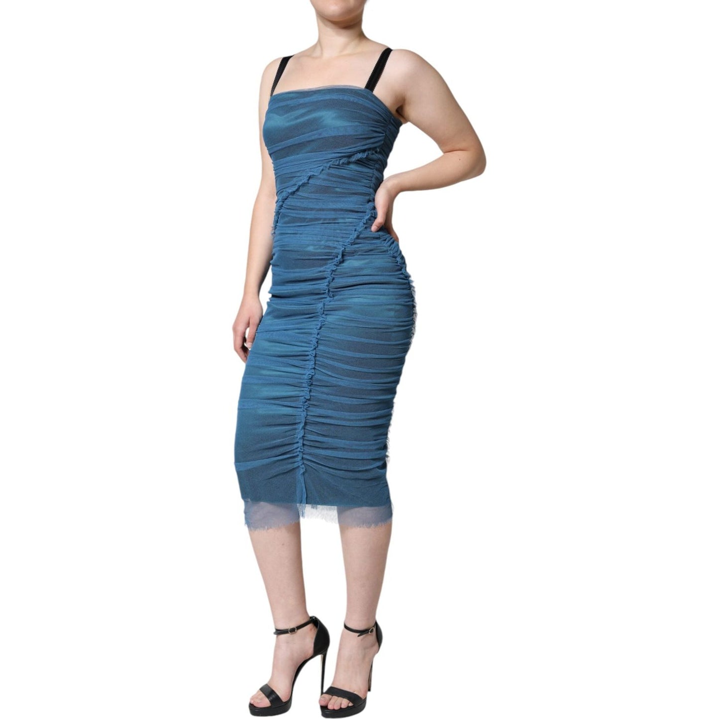 Dolce & Gabbana Blue Mesh Trim Ruched Tulle Sheath Dress DR281266-42
