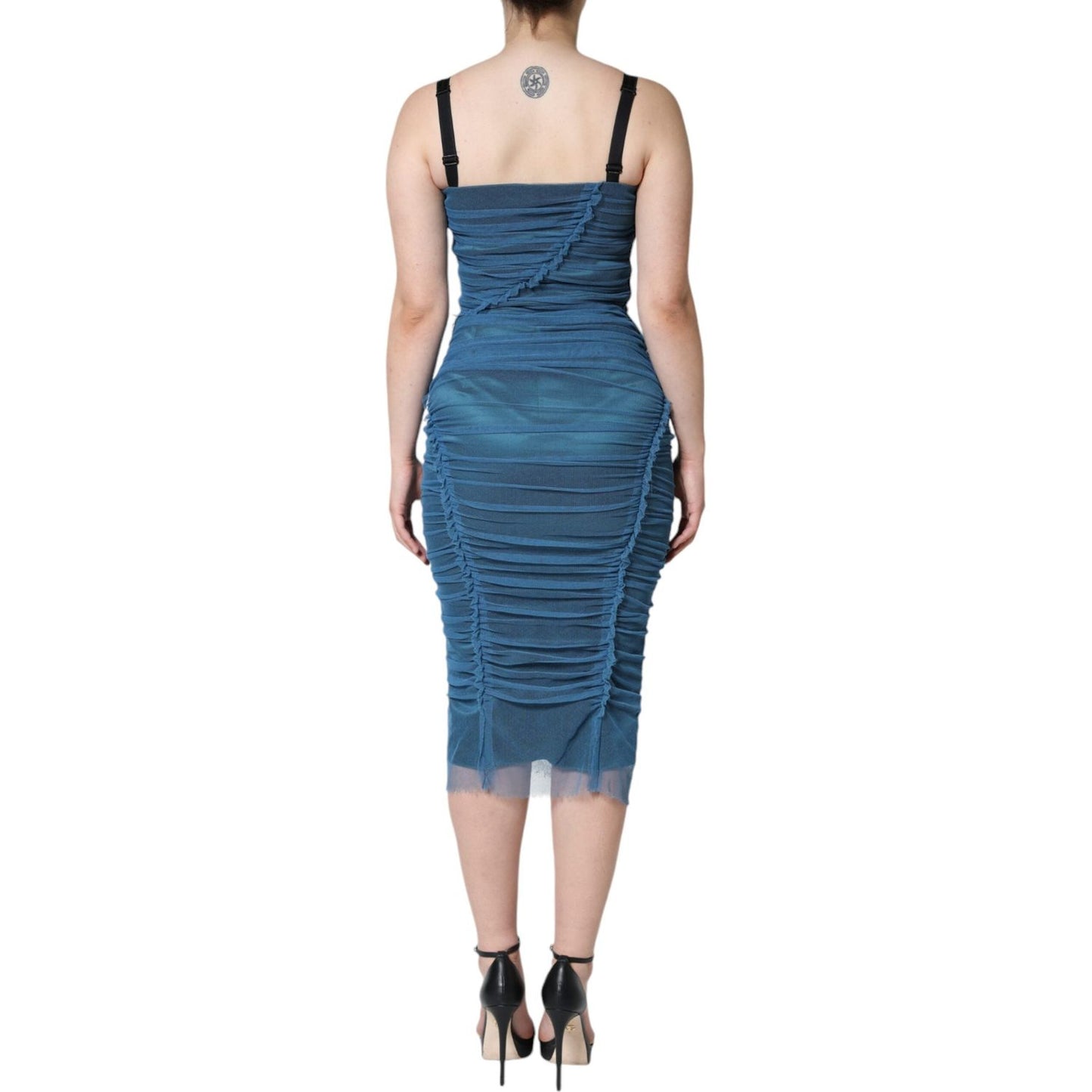 Dolce & Gabbana Blue Mesh Trim Ruched Tulle Sheath Dress DR281266-42