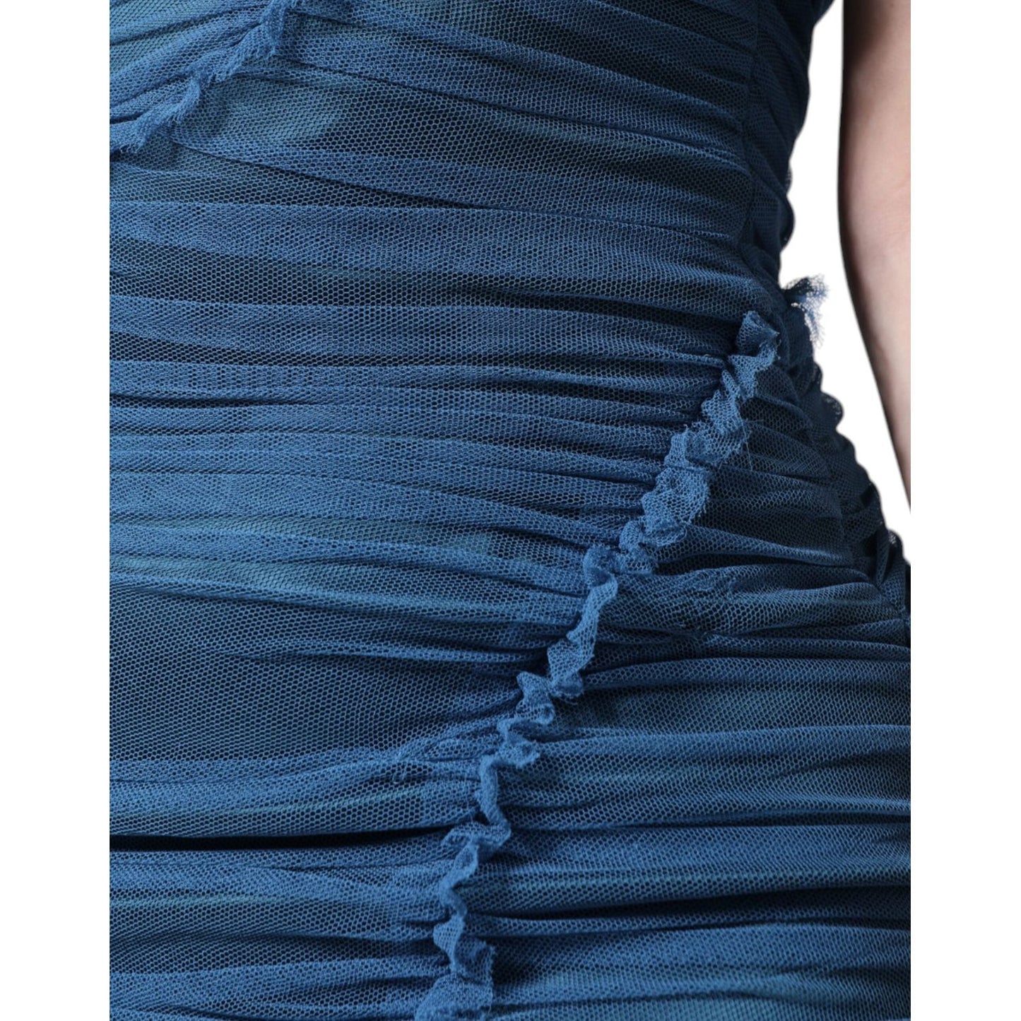 Dolce & Gabbana Blue Mesh Trim Ruched Tulle Sheath Dress DR281266-42