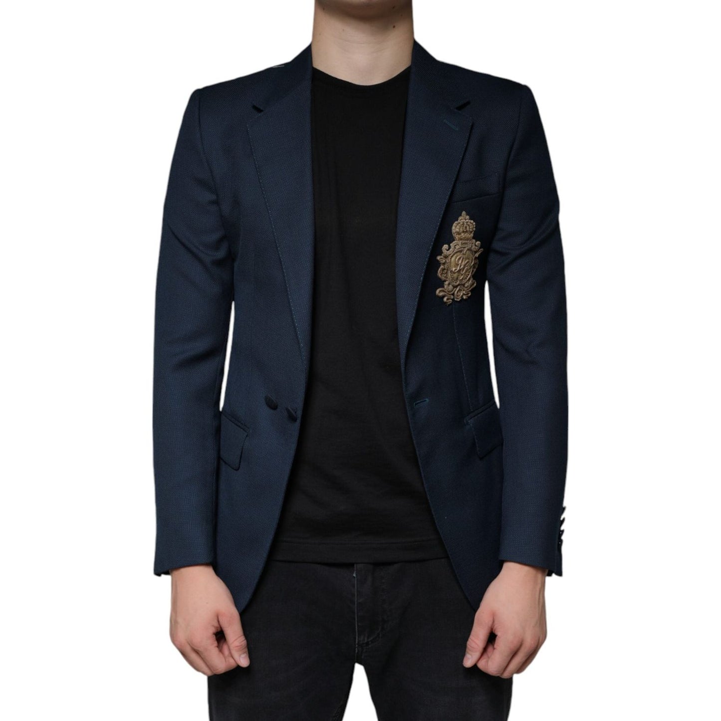 Dolce & Gabbana Blue Wool Logo Single Breasted Coat Blazer JKT4074-44