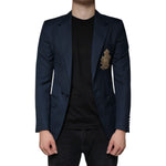 Dolce & Gabbana Blue Wool Logo Single Breasted Coat Blazer JKT4074-44
