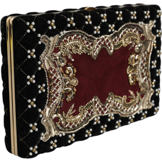 Dolce & Gabbana Bordeaux Black Velvet Gold Frame Clutch Evening Purse Bag BAG1523