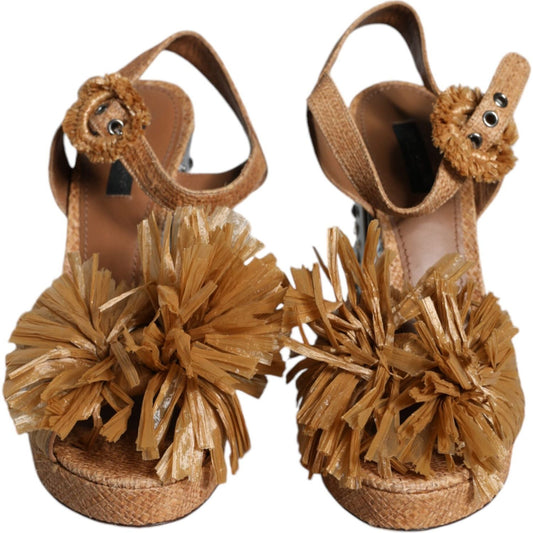 Dolce & Gabbana Dolce & Gabbana Brown Raffia Ankle Strap Crystal Sandals Shoes LA11662-40 1728,67345645728,Brown,Dolce & Gabbana,EU40/US9.5,Material: Raffia,Preowned / Defect,Sandals - Women - Shoes,Women