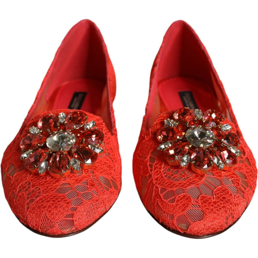 Dolce & Gabbana Coral Lace Crystal Ballet Flats Loafers Shoes LA11358-35