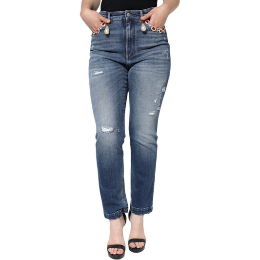 Dolce & Gabbana Dark Blue Cotton Tattered Skinny Denim Jeans PAN74596-44