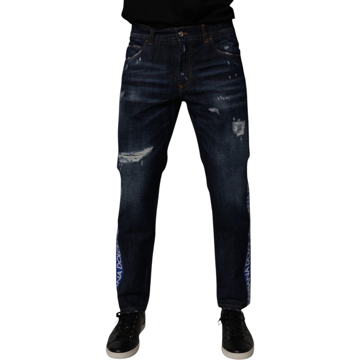 Dolce & Gabbana Dark Blue Cotton Tattered Skinny Denim Jeans PAN75030-48