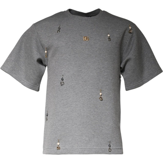 Dolce & Gabbana Dolce & Gabbana Gray Cotton Blend Embellished Tee T-shirt TSH87077-44 1728,67345645728,Dolce & Gabbana,Gray,IT44 | XS,Material: 70% Cotton 30% Nylon,Men,Preowned / Defect,T-Shirts - Men - Clothing