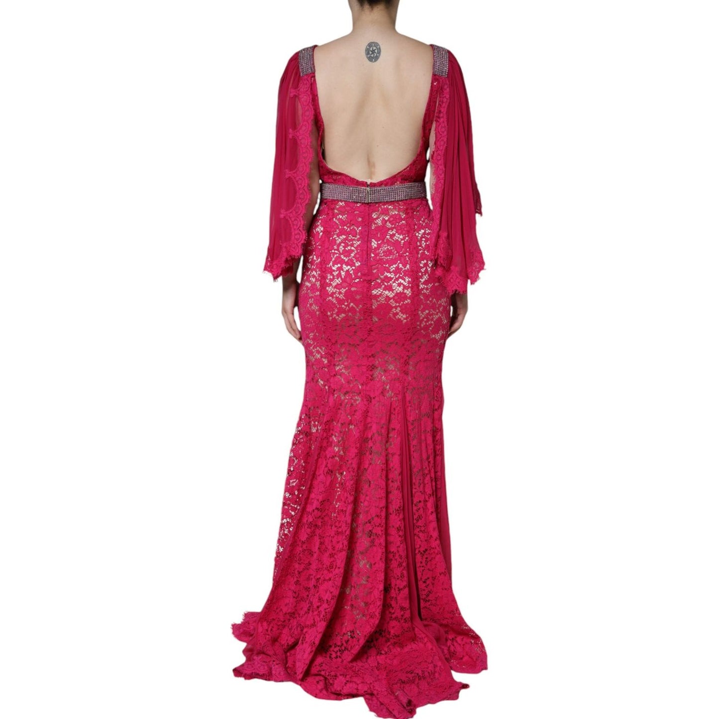 Dolce & Gabbana Pink Lace Crystal Sheath Long Gown Dress DR281285-42