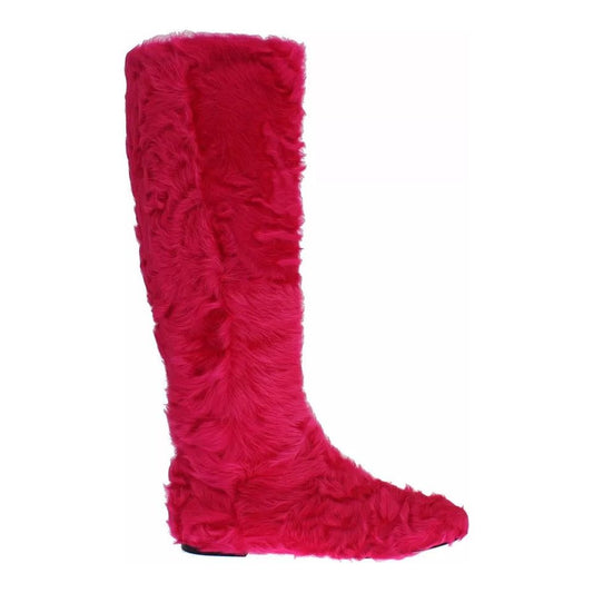 Dolce & Gabbana Pink Lamb Fur Leather Flat Boots Shoes