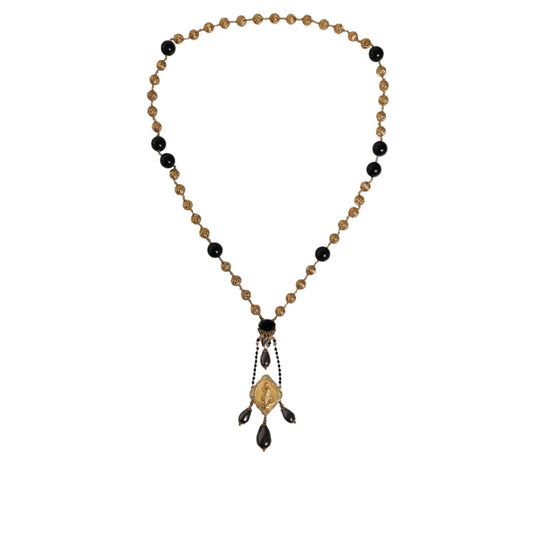 Dolce & Gabbana Gold Chain Brass Black Beaded Rosary Style Necklace
