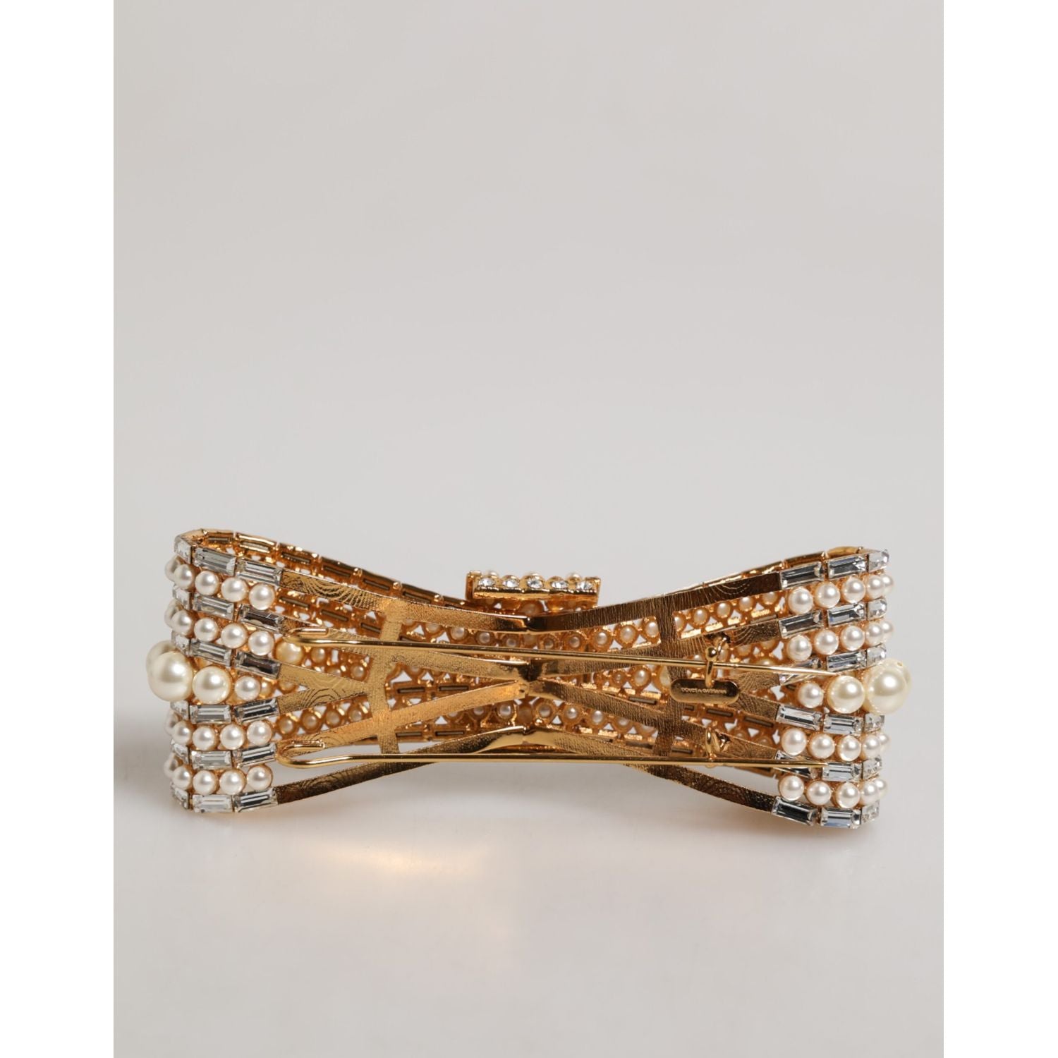 Dolce & Gabbana Gold Tone Brass Bow Crystal FauxPearl Embellished Brooch