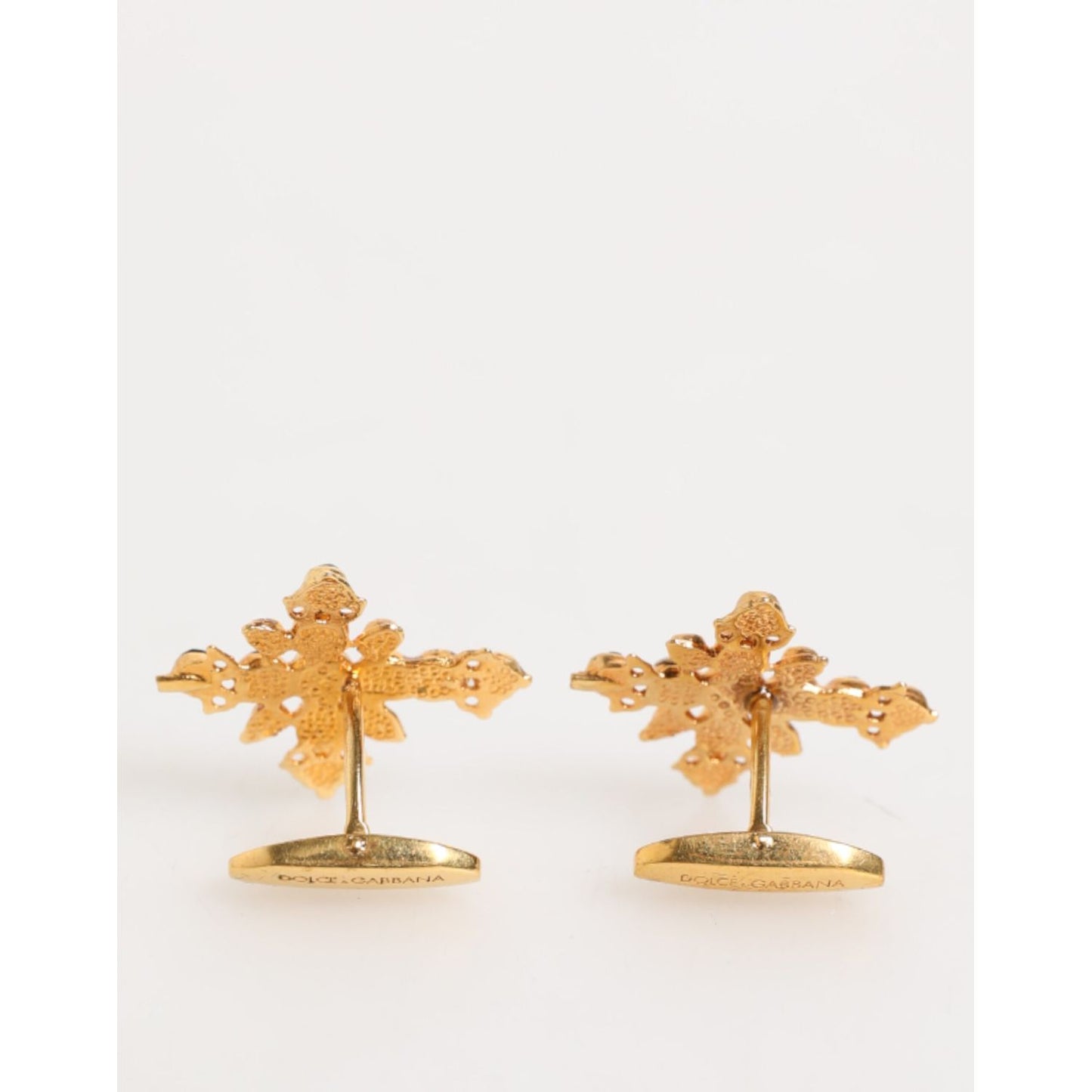 Dolce & Gabbana Gold Tone Brass Cross Crystal Men Accessory Cufflink featuring luxurious cross design and sparkling crystals, Made in Italy.