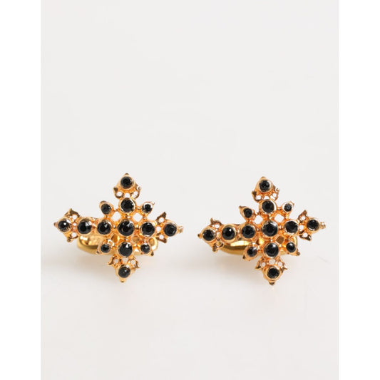 Dolce & Gabbana Gold Tone Brass Cross Crystal Men Accessory Cufflink with black crystal embellishments, elegant cross design.