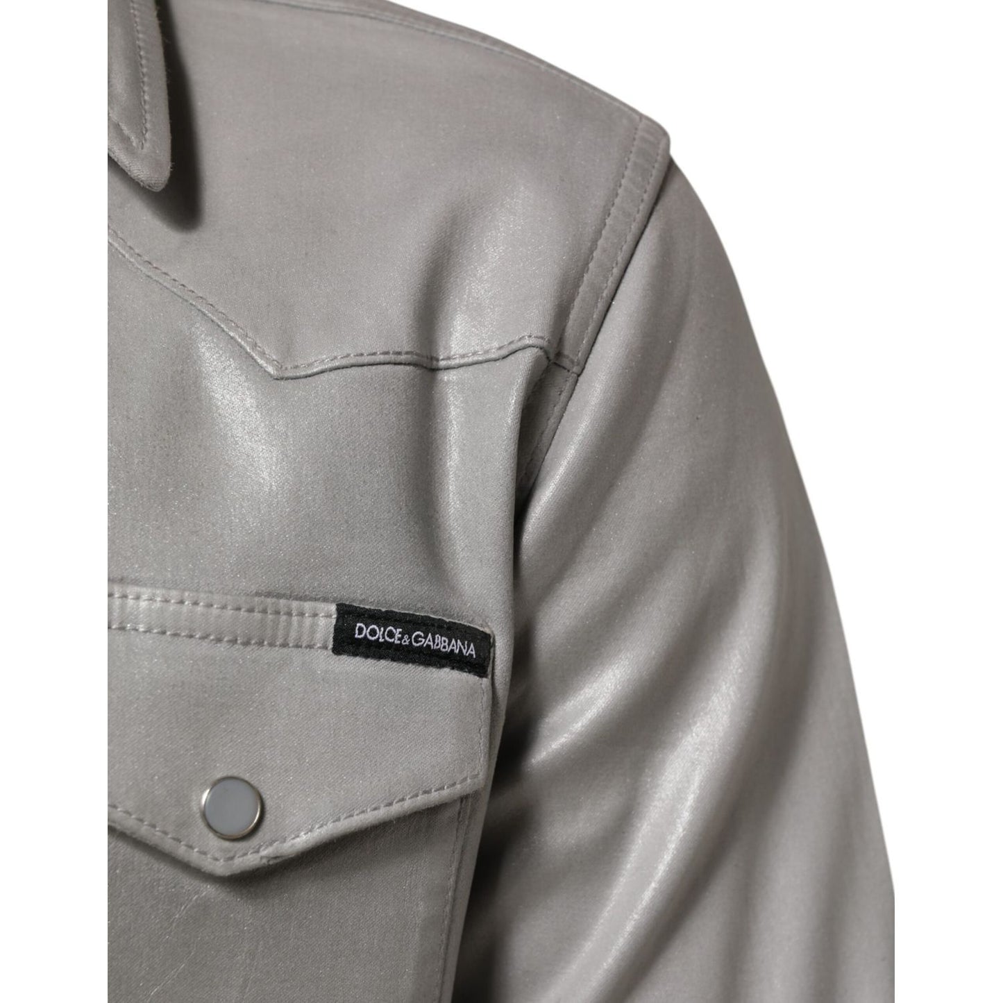 Dolce & Gabbana Gray Coated Cotton Snap Button Logo Men Shirt