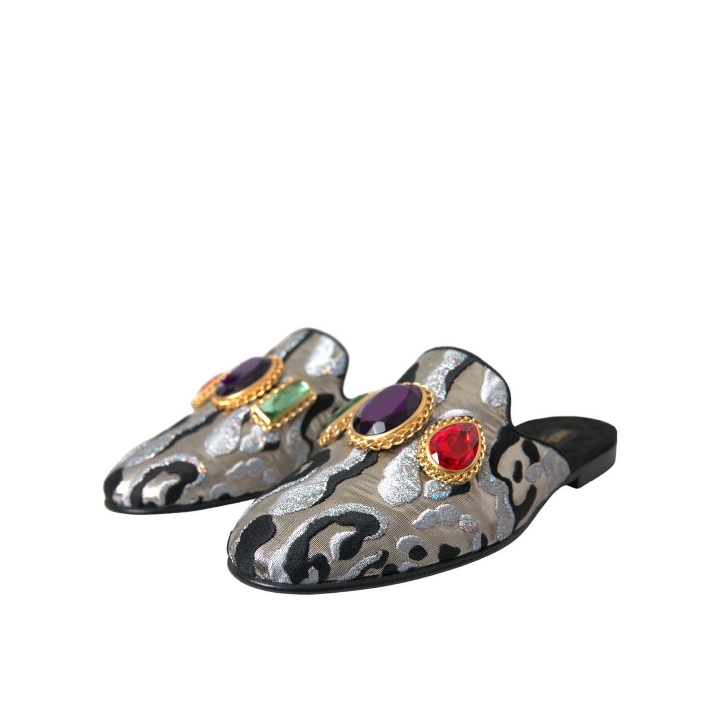 Dolce & Gabbana Gray Jacquard Crystal Mule Flat Sandals Shoes