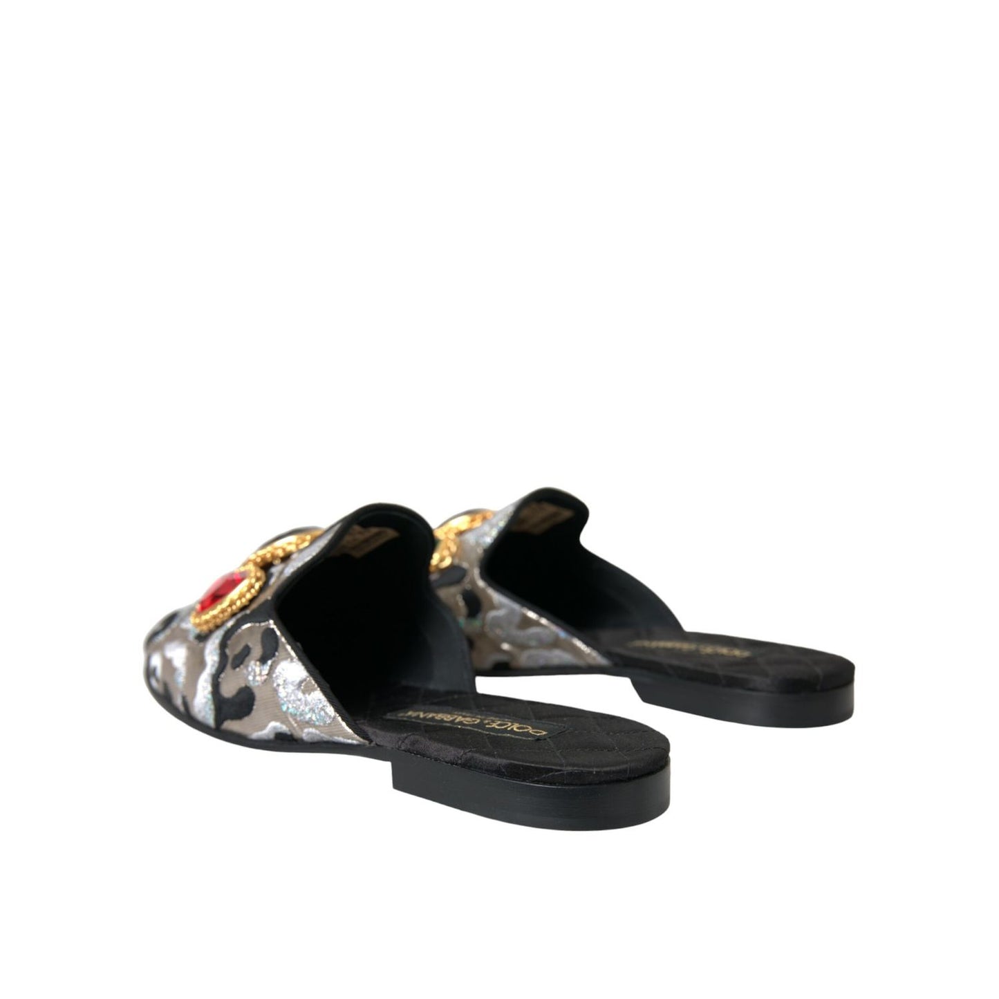 Dolce & Gabbana Gray Jacquard Crystal Mule Flat Sandals Shoes