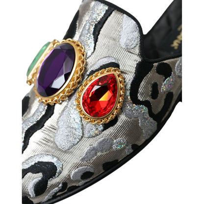 Dolce & Gabbana Gray Jacquard Crystal Mule Flat Sandals Shoes