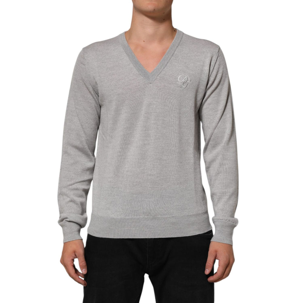 Dolce & Gabbana Gray Wool Knit Logo V-Neck Pullover Sweater on model
