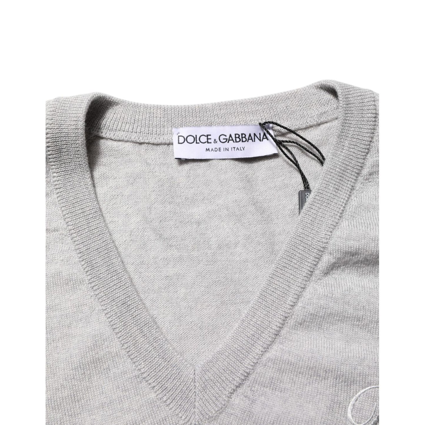 Dolce & Gabbana Gray Wool Knit Logo V-Neck Pullover Sweater close-up view.