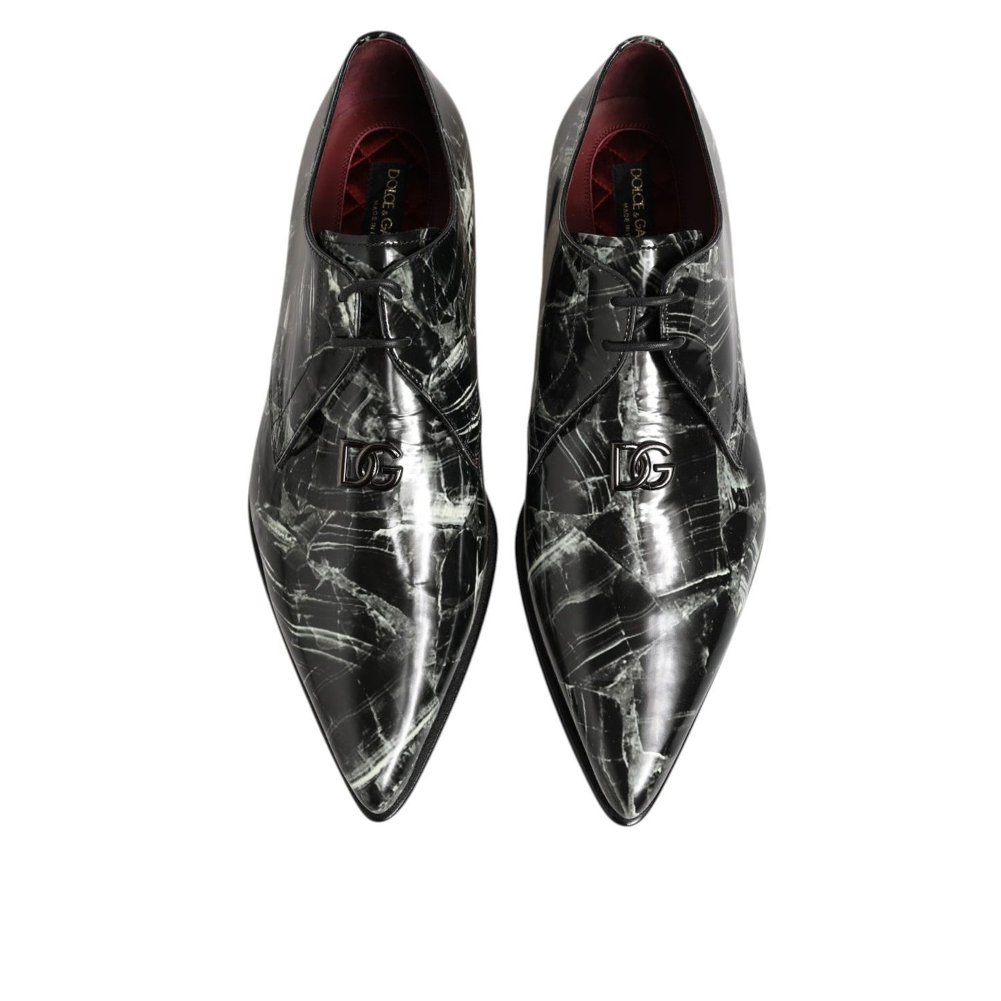 Dolce & Gabbana Marbled Pattern Dress Lace Up Derby Shoes in black leather with marbled design, top view
