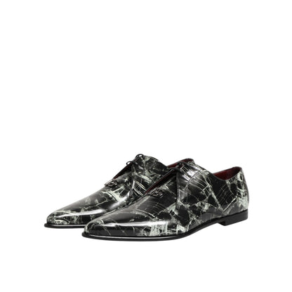 Dolce & Gabbana Marbled Pattern Dress Lace Up Derby Shoes in black marbled leather, stylish men's formal footwear with unique design.