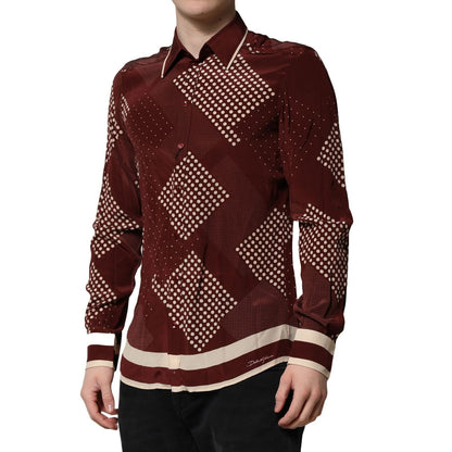 Dolce & Gabbana Maroon Dotted Silk Long Sleeve Casual Shirt