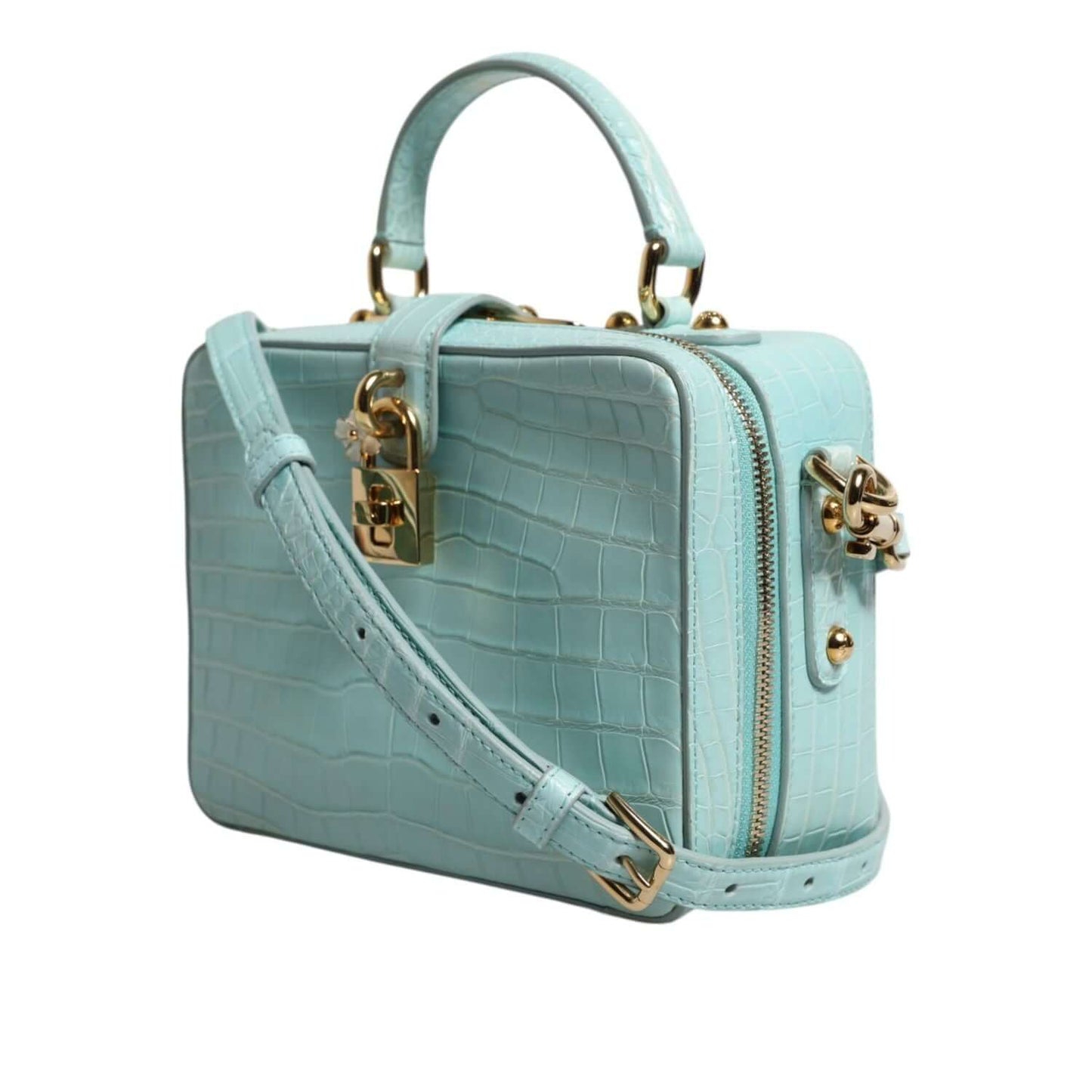 Dolce & Gabbana Mint Green Embossed Leather Padlock Shoulder Bag with gold hardware and adjustable strap.