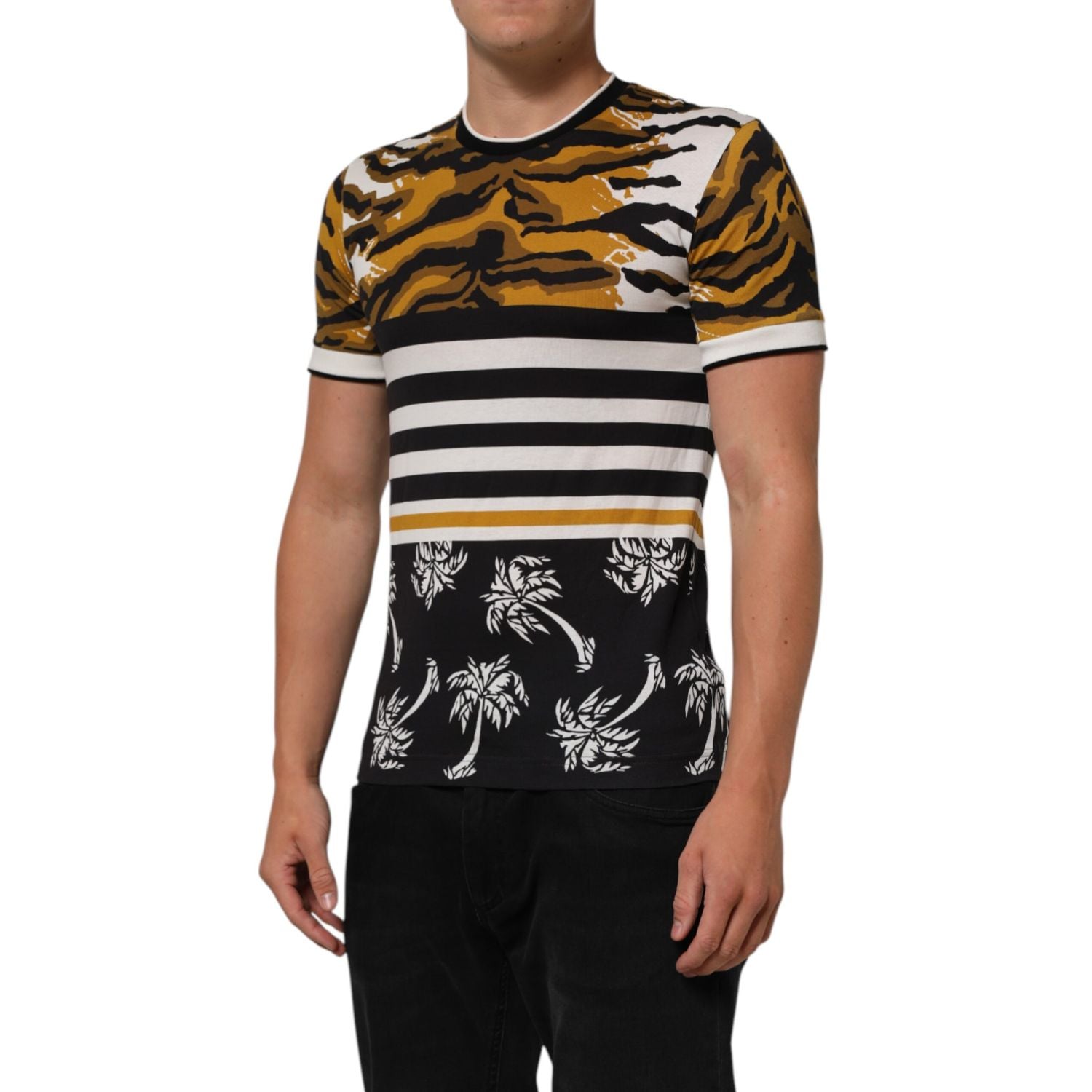 Dolce & Gabbana Multicolor Leopard Palm Leaf Men Crew Neck T-shirt