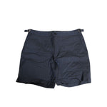 Dolce & Gabbana Navy Blue Polyester Pinstripe Men Shorts Swimwear with side buckle adjusters and button closure for stylish beachwear.