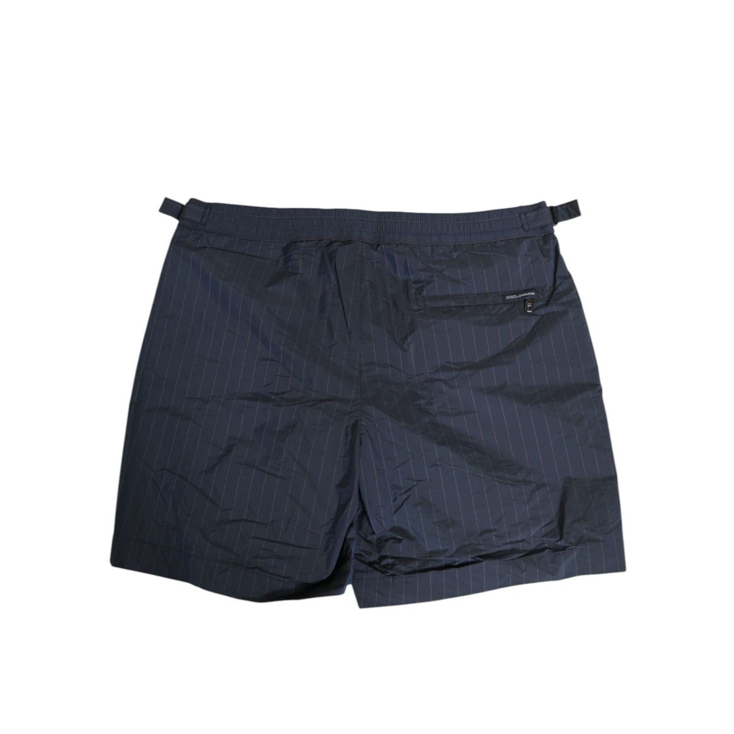Dolce & Gabbana Navy Blue Polyester Pinstripe Men Shorts Swimwear with tailored design and side buckle adjusters.
