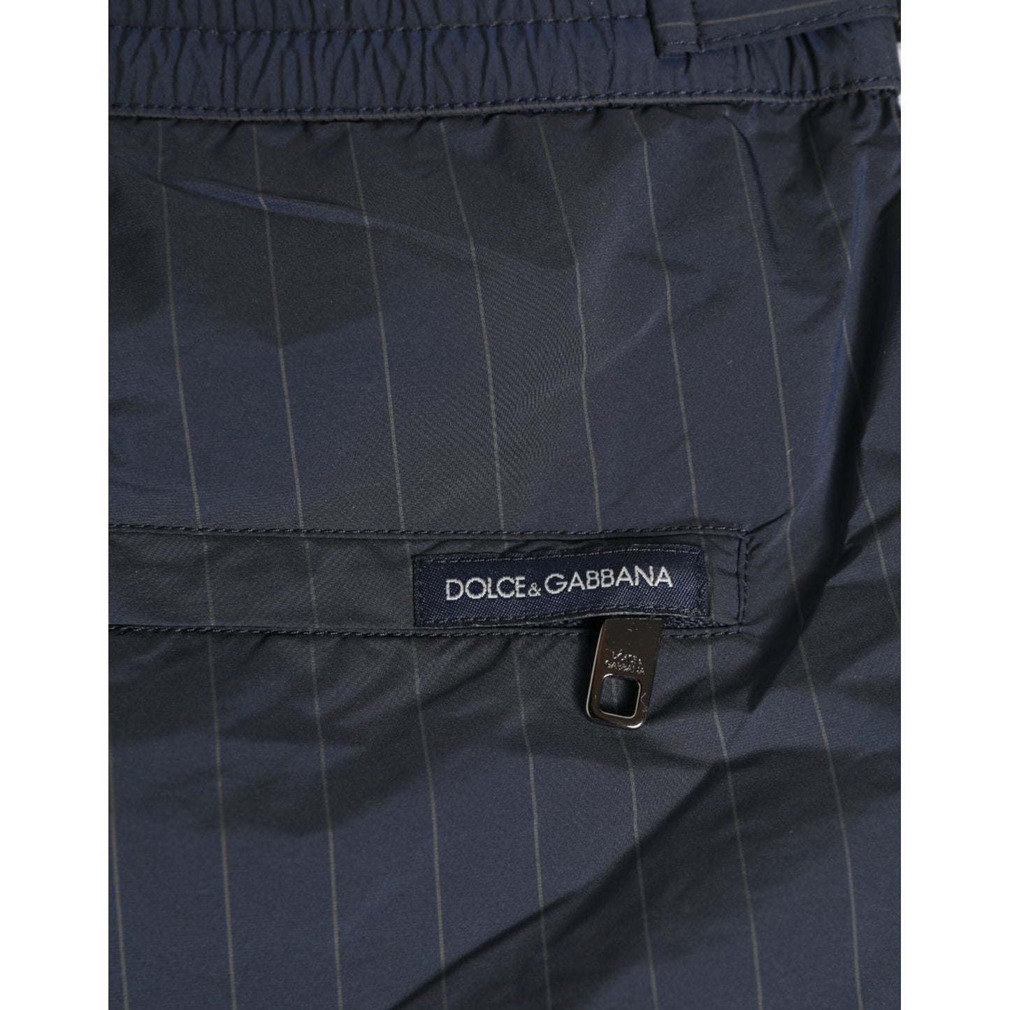 Dolce & Gabbana Navy Blue Polyester Pinstripe Men Shorts Swimwear with logo detail