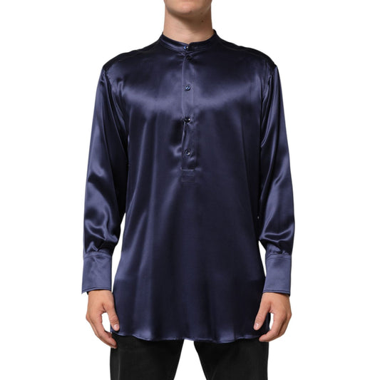 Dolce & Gabbana Navy Silk Long Sleeve Mandarin Collar Shirt showcasing luxurious design, slim fit, and refined button placket.