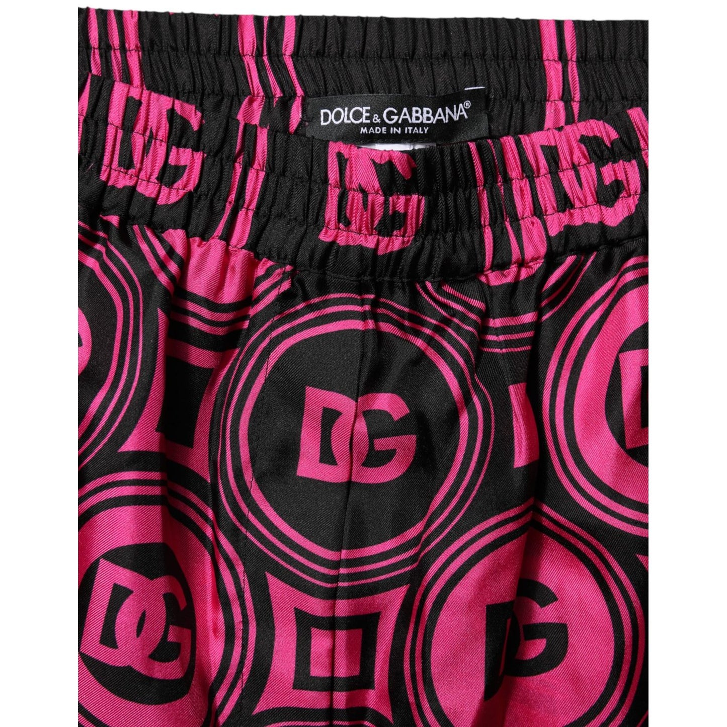 Dolce & Gabbana Pink Black Silk Logo Print DG Pattern Shorts with elastic waistband and logo details