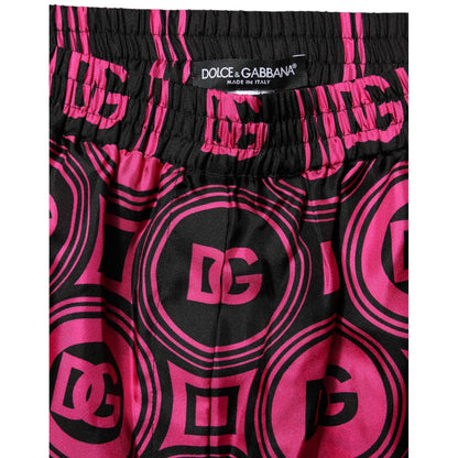 Dolce & Gabbana Pink Black Silk Logo Print DG Pattern Shorts with elastic waistband and logo details