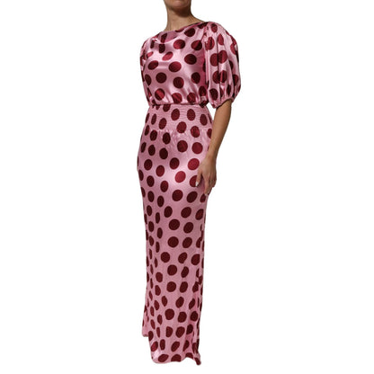 Dolce & Gabbana Pink Red Polka Dot Silk Satin Maxi Gown Dress