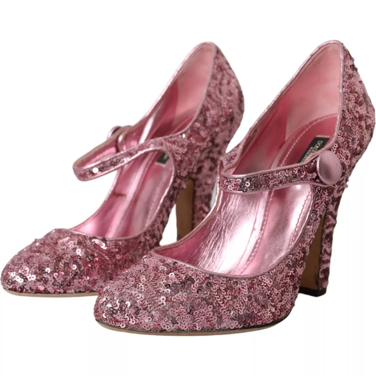 Dolce & Gabbana Pink Sequin Mary Jane Pumps High Heels Shoes with logo details, made in Italy, featuring leather soles and polyester material.