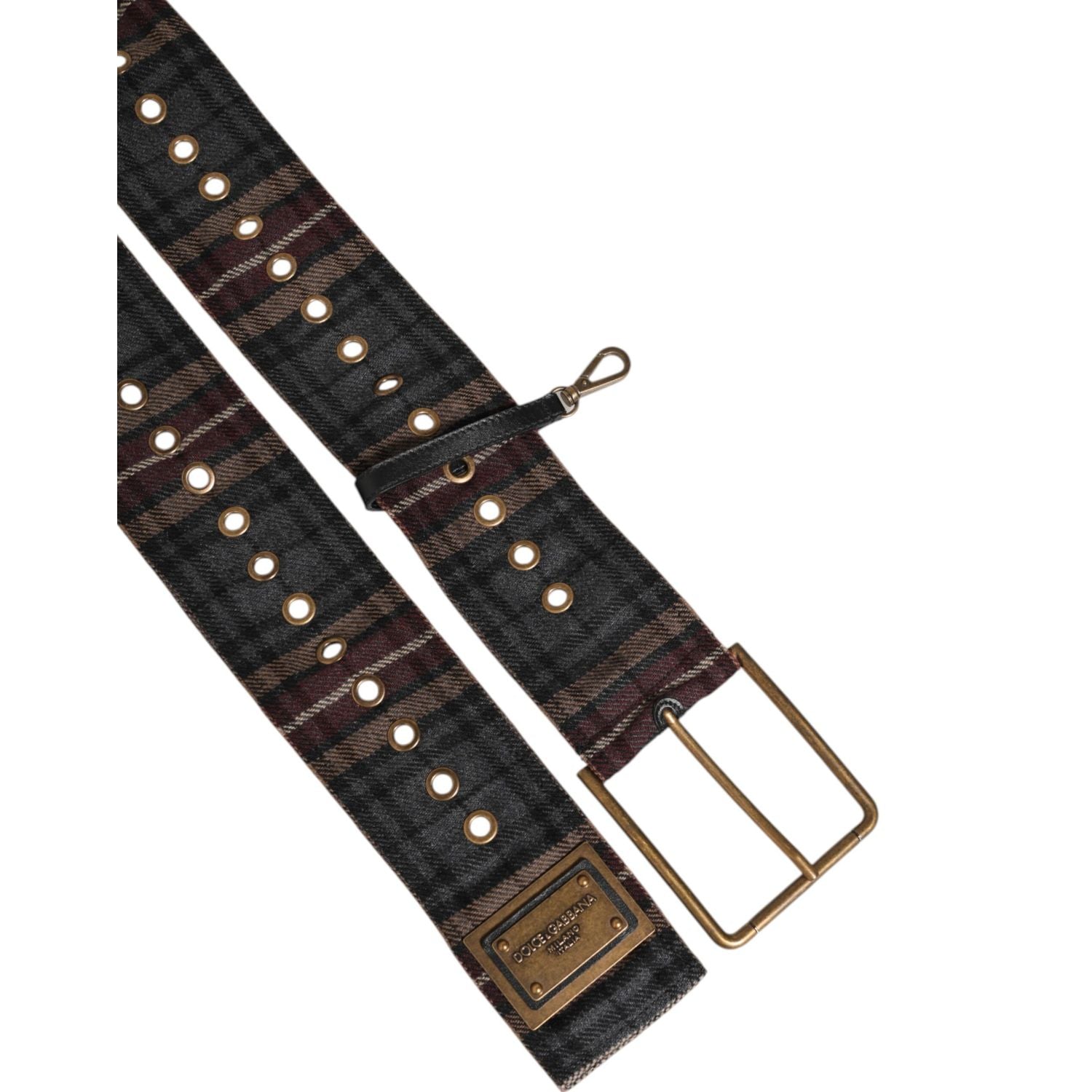 Dolce & Gabbana Plaid Fabric Logo Plate Brass Buckle Belt
