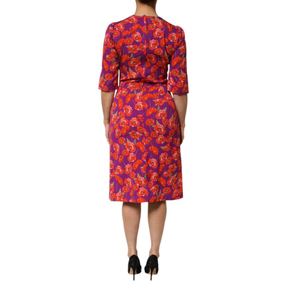 Dolce & Gabbana Purple Silk Floral Print Midi Sheath Dress