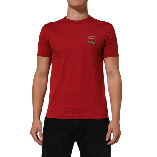 Dolce & Gabbana Red Crown Bee Cotton Short Sleeve T-shirt on model, featuring iconic motif for a stylish and comfortable look.