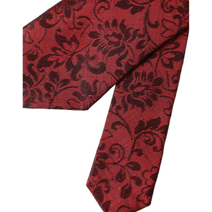 Dolce & Gabbana Red Floral Brocade Silk Adjustable Men Tie, elegant 100% silk tie with floral pattern, made in Italy, 6cm width, luxury fashion.