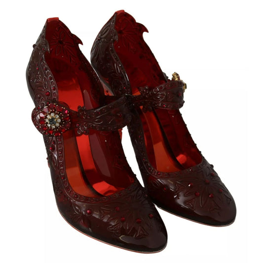 Dolce & Gabbana Red Floral Crystal Heels CINDERELLA Shoes with multicolor crystals on red PVC