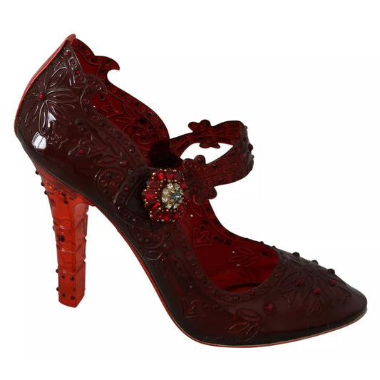 Dolce & Gabbana Red Floral Crystal Heels CINDERELLA Shoes with multicolor crystals and rubber sole.