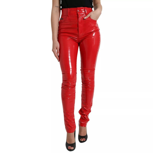 Dolce & Gabbana Red High Waist Skinny Trouser Shiny Pants with zipper closure, logo details, and minor discolorations, made in Italy.