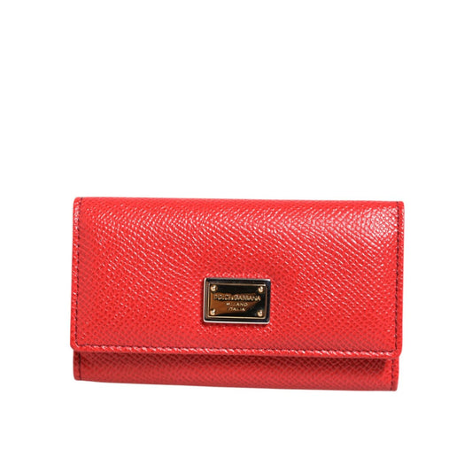 Dolce & Gabbana Red Leather Silver Metal Logo Plaque Trifold Key Holder with minor scratches on right side, made in Italy