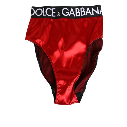 Dolce & Gabbana Red Satin High-Waist Briefs Logo Women Underwear Luxury Italian Fashion