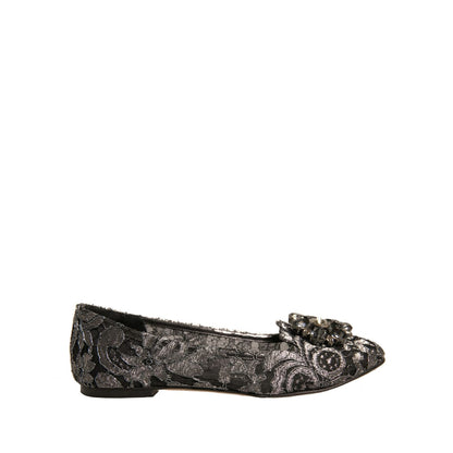 Dolce & Gabbana Silver Crystal Loafer Lace Ballet Flats Shoes